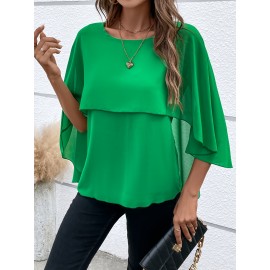 Solid Layered Cloak Sleeve Blouse, Versatile Crew Neck Blouse For Spring & Fall, Women's Clothing