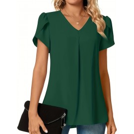 Solid V-neck Petal Sleeve Blouse, Versatile Simple Blouse For Spring & Summer, Women's Clothing