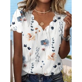 Floral Print Scallop Trim Blouse, Casual Short Sleeve V Neck Blouse For Spring & Summer, Women's Clothing