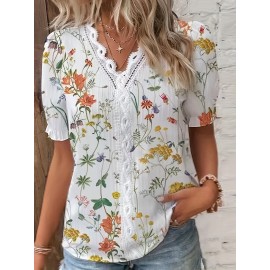 Floral Print Lace Trim Blouse, Vacation Striped V Neck Short Sleeve Blouse, Women's Clothing