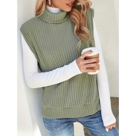 Solid Turtle Neck Rib Knit Vest, Casual Split Side Sleeveless Top, Women's Clothing