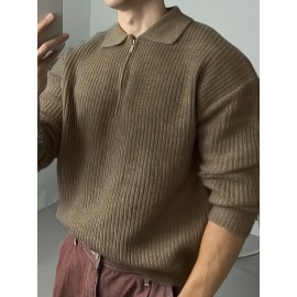 Retro Knitted Cable Sweater, Men's Casual Warm Slightly Stretch LapelPullover Sweater For Men Fall Winter