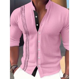 Men's Stylish Color Matching Shirt, Casual Breathable Stand Collar Button Up Long Sleeve Shirt Top For City Walk Street Hanging Outdoor Activities