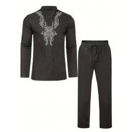 Cotton Boho Style Pattern Embroidery Men's 2 Pieces Outfits, Long Sleeve Lace Up Shirt And Drawstring Solid Trousers Set