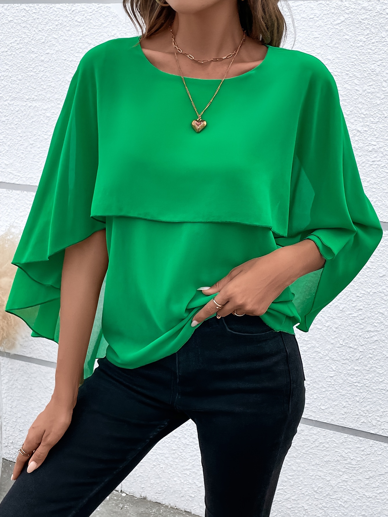 solid layered cloak sleeve blouse versatile crew neck blouse for spring fall womens clothing details 2