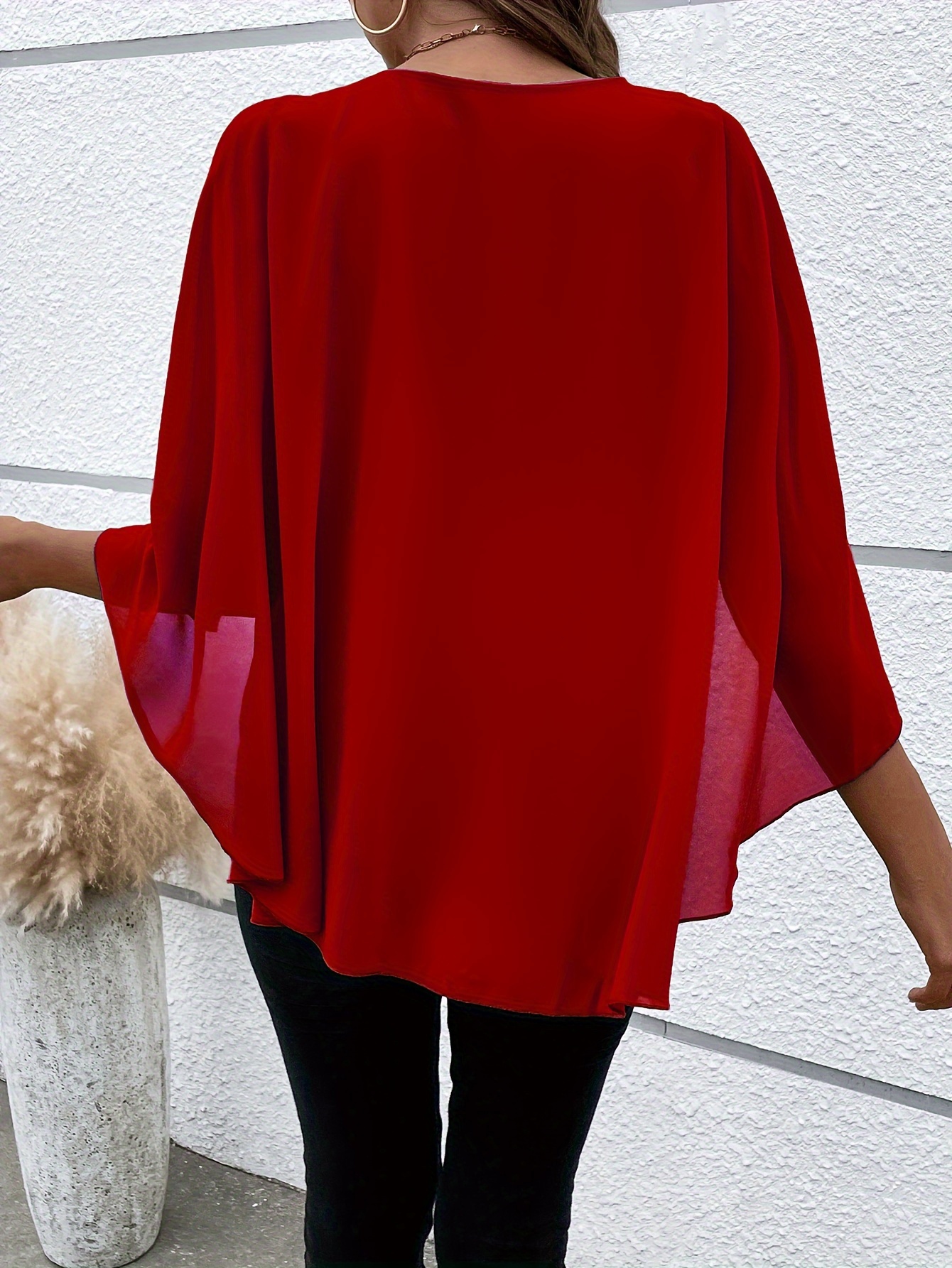 solid layered cloak sleeve blouse versatile crew neck blouse for spring fall womens clothing details 23