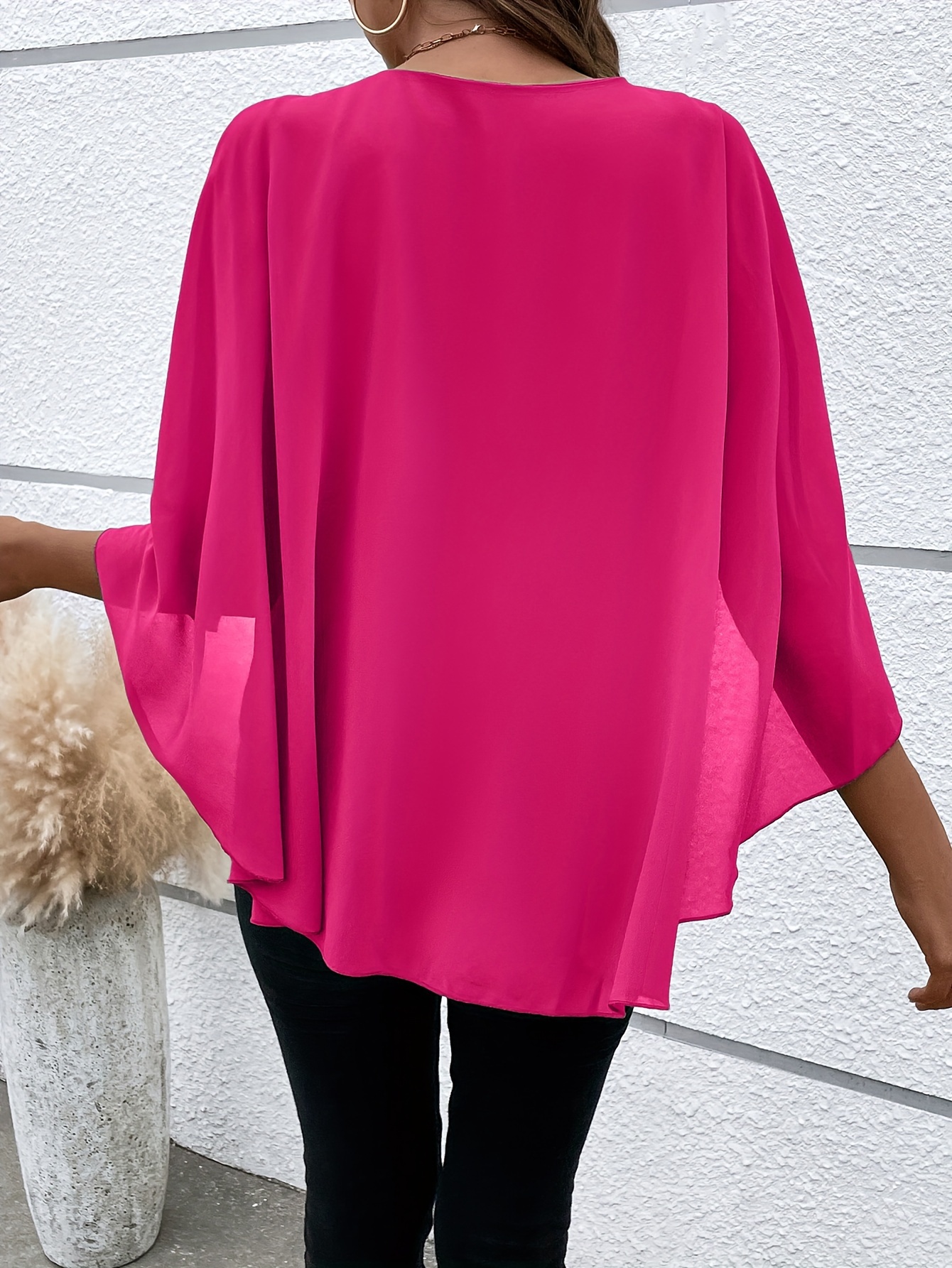 solid layered cloak sleeve blouse versatile crew neck blouse for spring fall womens clothing details 36