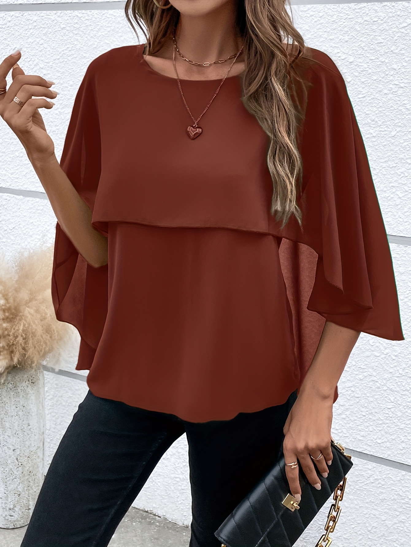 solid layered cloak sleeve blouse versatile crew neck blouse for spring fall womens clothing details 47