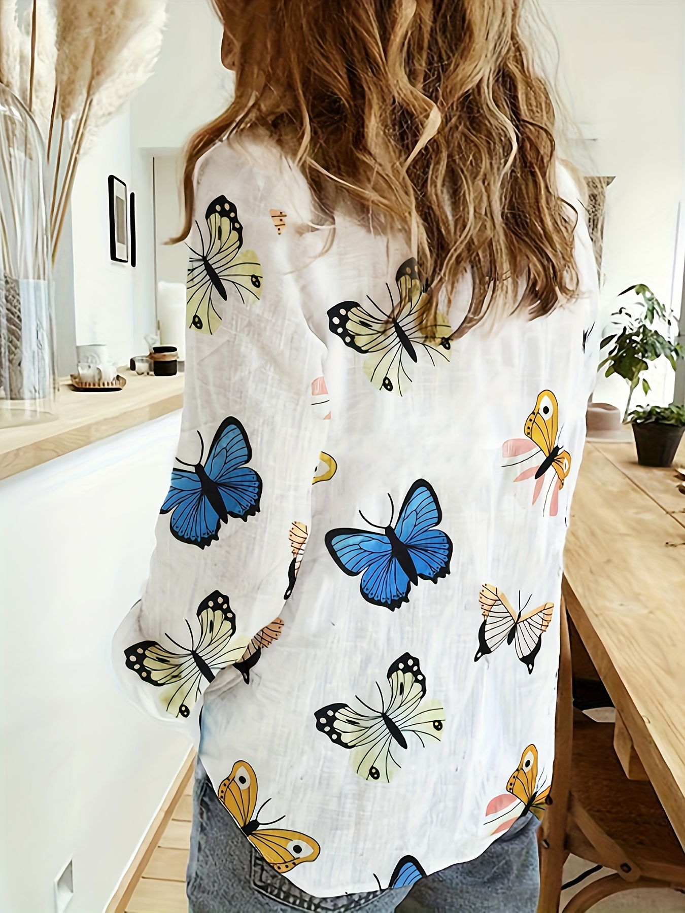 butterfly print button front shirt casual long sleeve shirt for spring fall womens clothing details 19