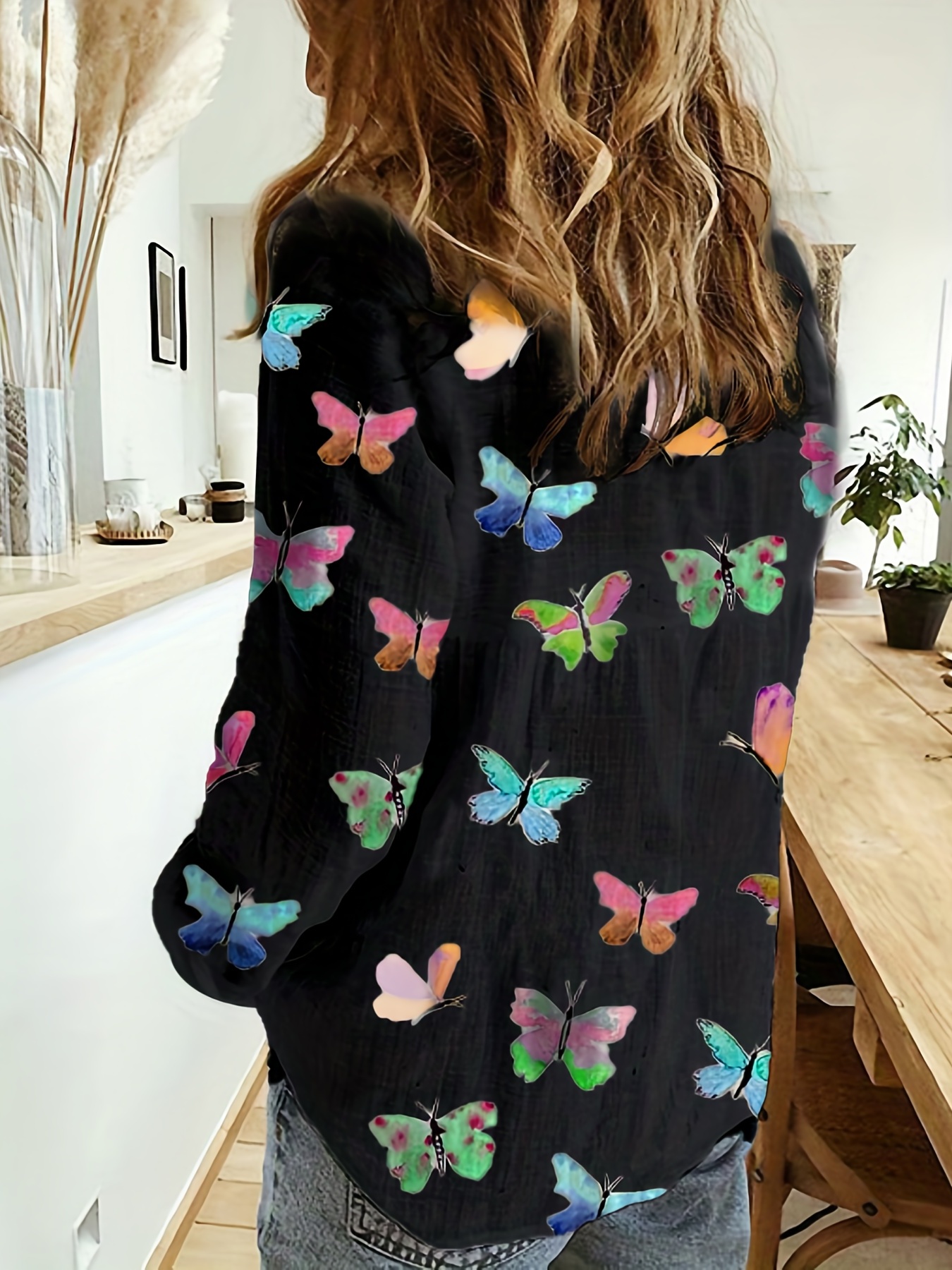 butterfly print button front shirt casual long sleeve shirt for spring fall womens clothing details 25