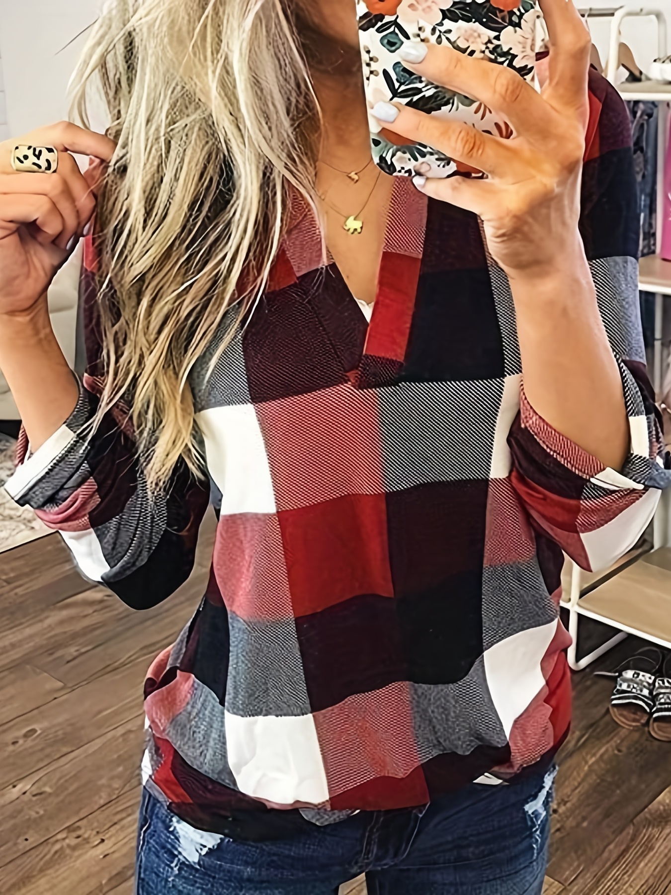 casual plaid shirt long sleeve v neck shirt casual every day tops womens clothing details 4