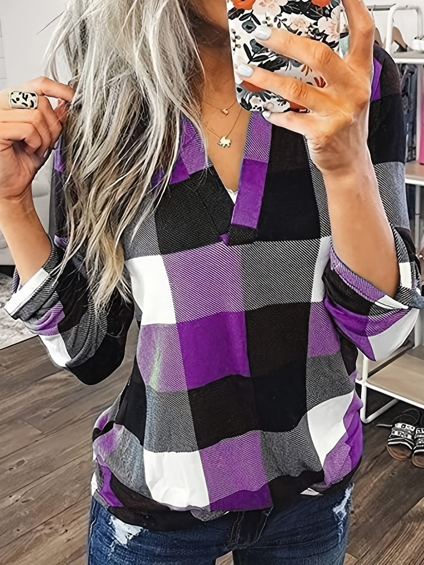 casual plaid shirt long sleeve v neck shirt casual every day tops womens clothing details 8