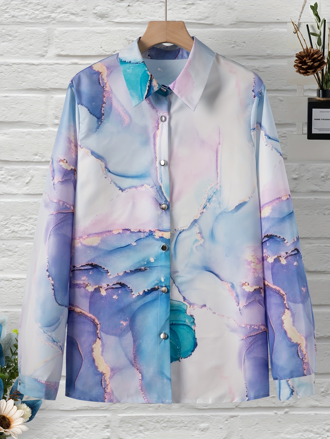 marble print button front shirt casual versatile long sleeve shirt womens clothing details 4