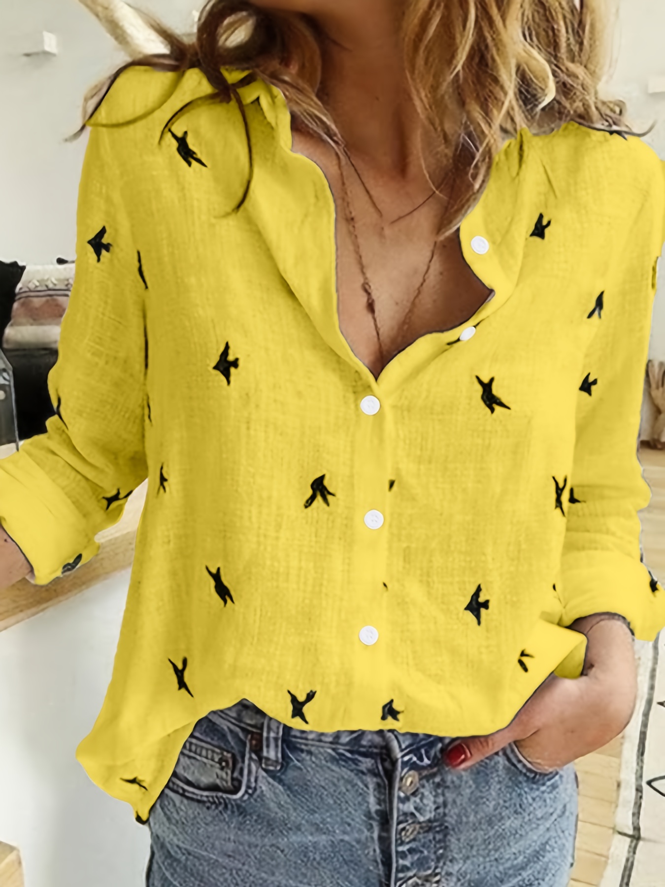 bird print button front shirt casual long sleeve shirt for spring fall womens clothing details 3