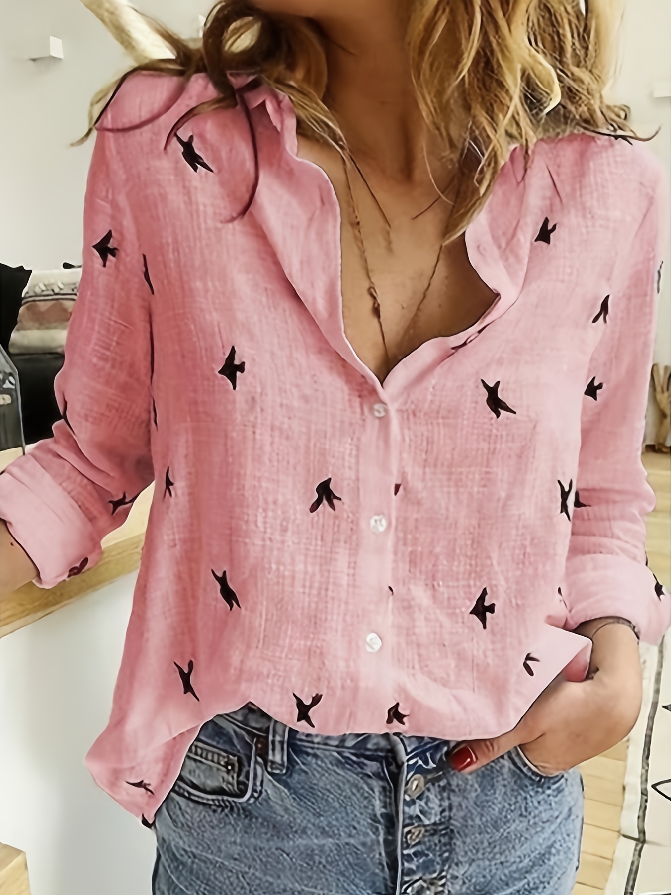 bird print button front shirt casual long sleeve shirt for spring fall womens clothing details 6