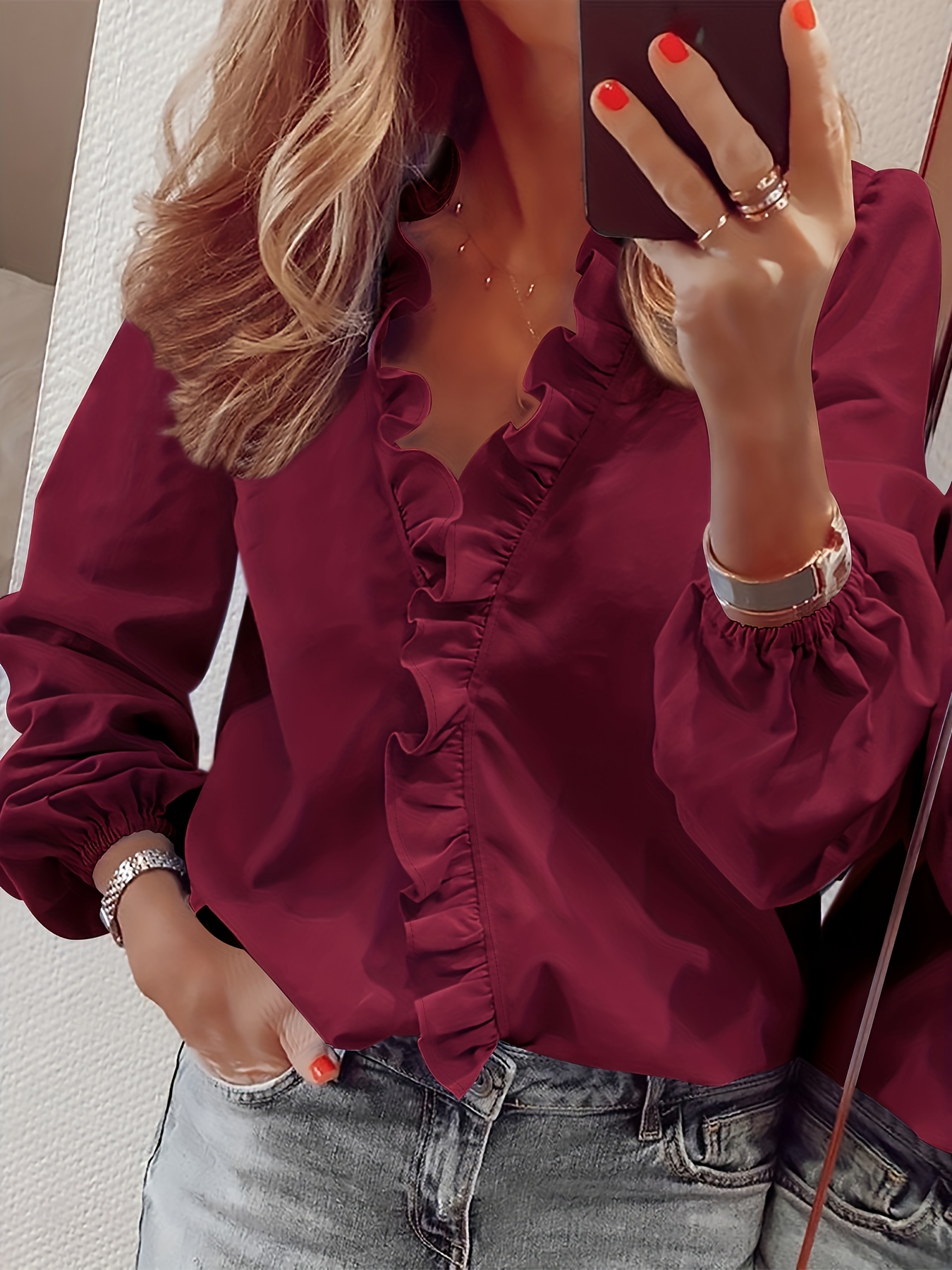 ruffled trim v neck shirt elegant loose long sleeve shirt womens clothing details 36