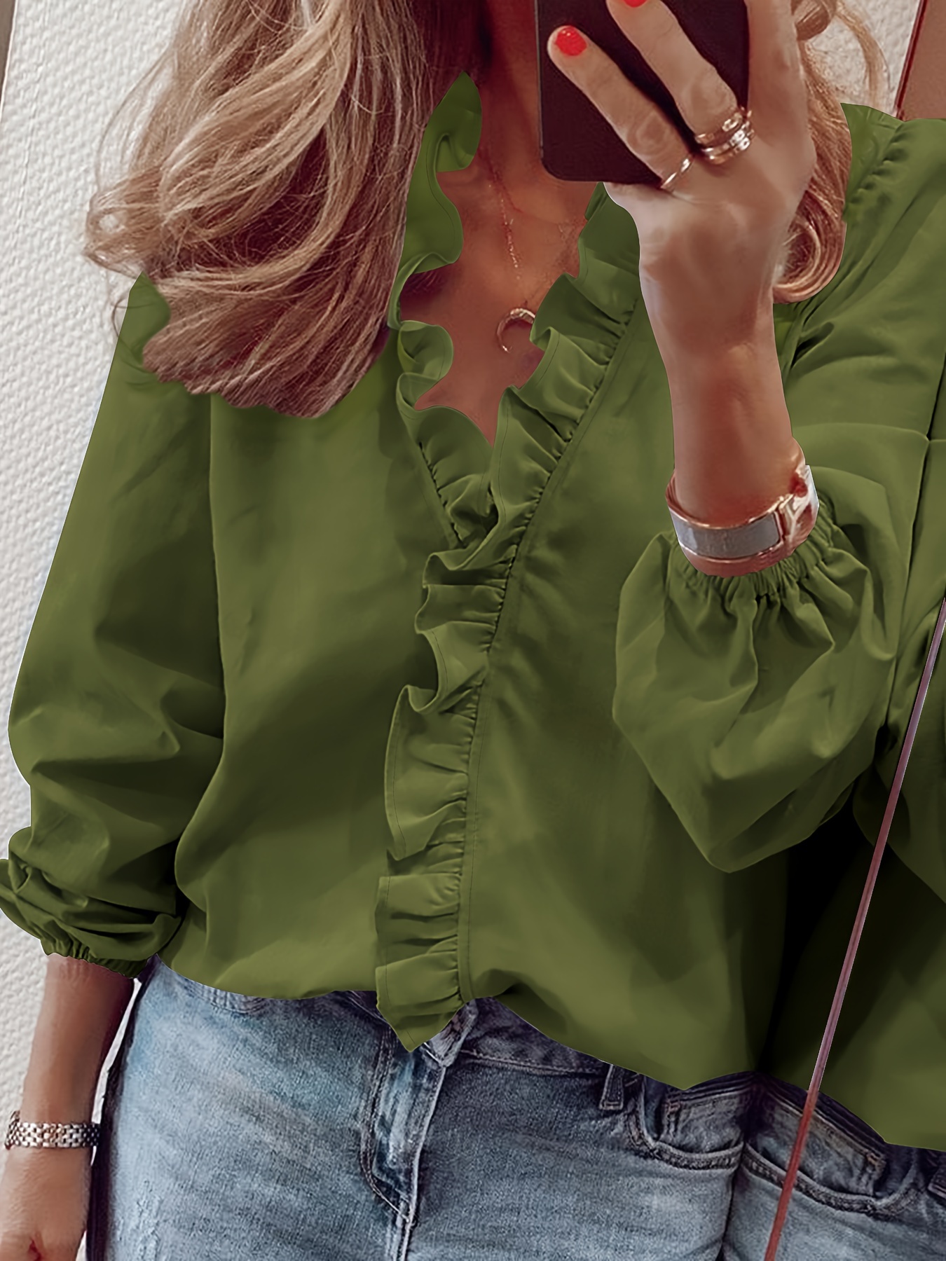 ruffled trim v neck shirt elegant loose long sleeve shirt womens clothing details 44