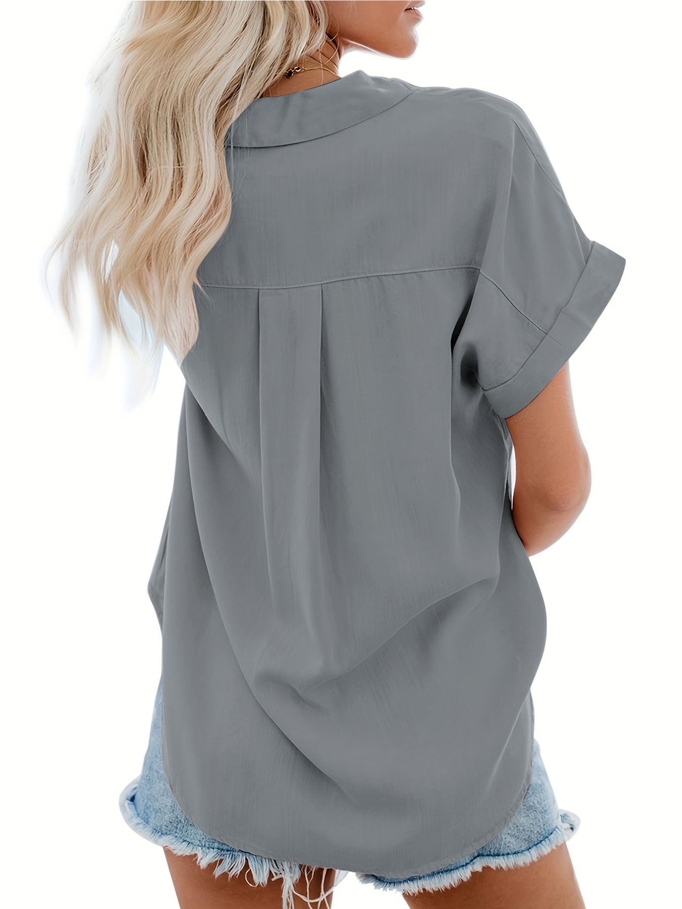 v neck collared button blouses casual pocket short sleeve fashion loose shirt womens clothing details 6