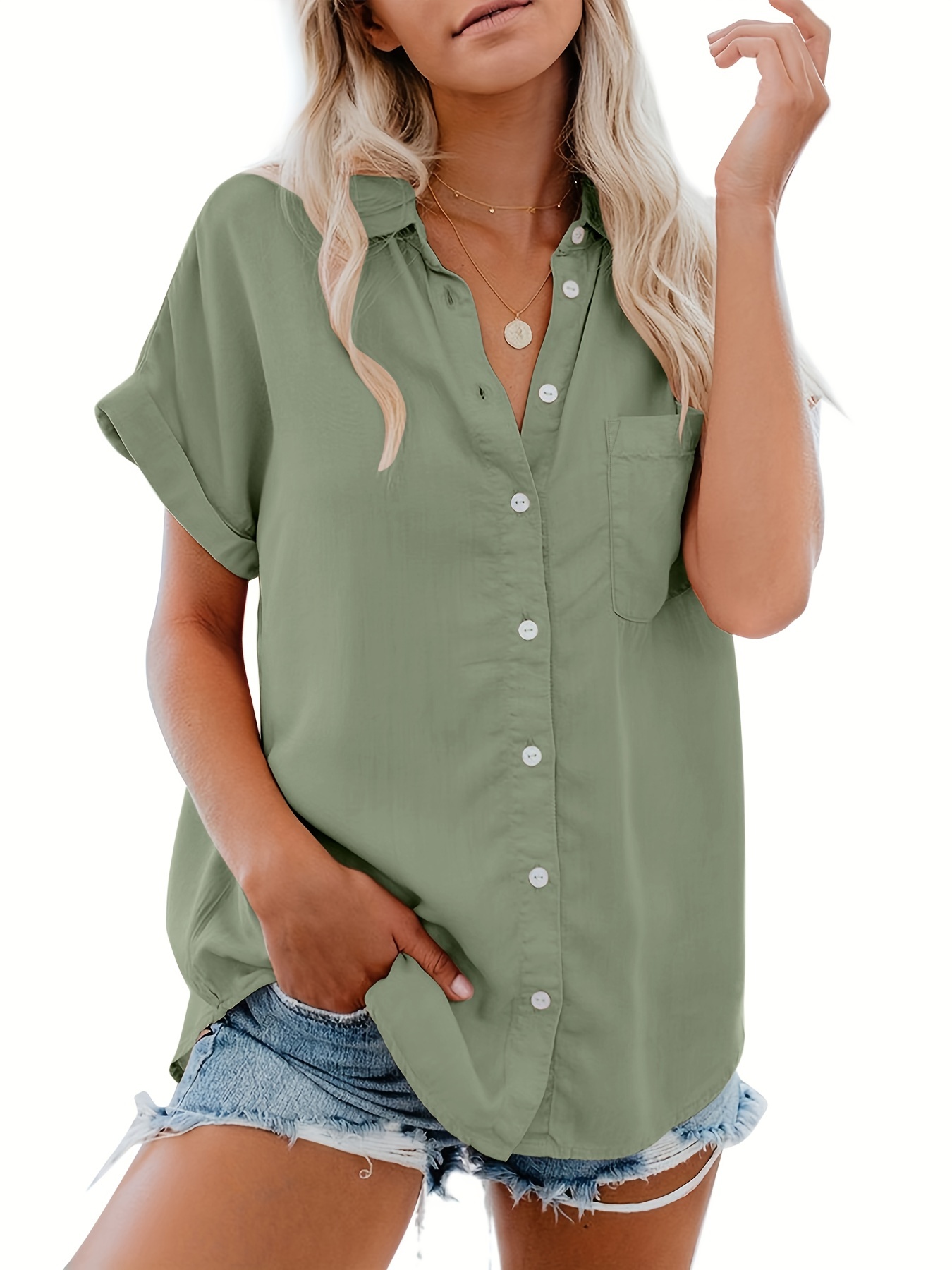 v neck collared button blouses casual pocket short sleeve fashion loose shirt womens clothing details 18