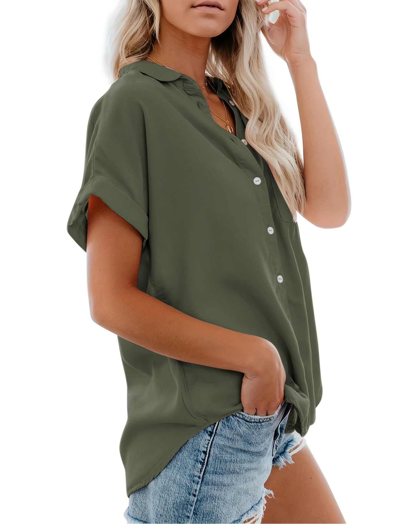 v neck collared button blouses casual pocket short sleeve fashion loose shirt womens clothing details 49