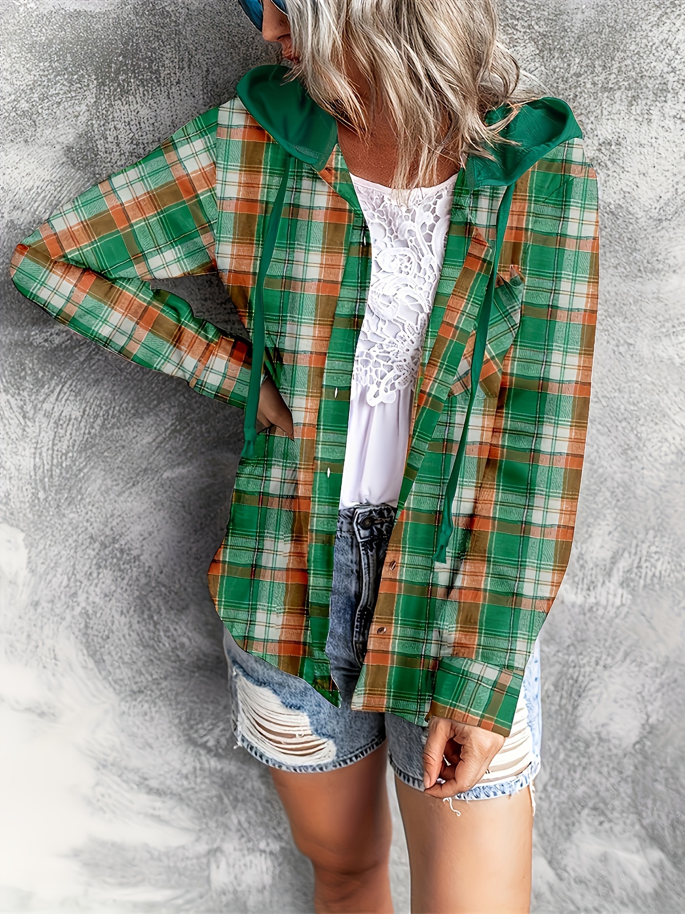 plaid print hooded shirt casual long sleeve drawstring shirt womens clothing details 2