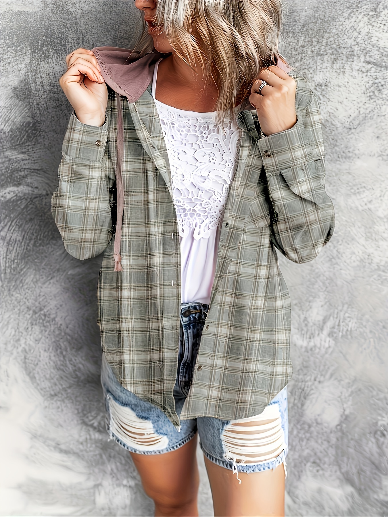 plaid print hooded shirt casual long sleeve drawstring shirt womens clothing details 9