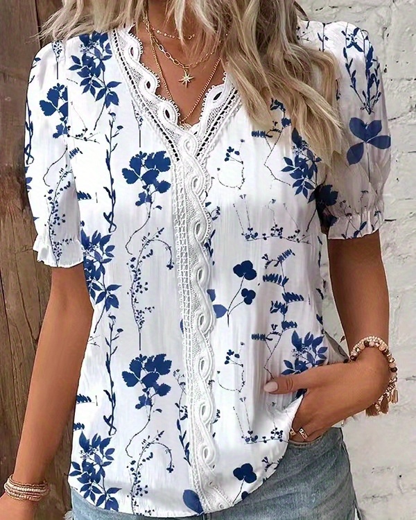 floral print lace trim blouse vacation striped v neck short sleeve blouse womens clothing details 0