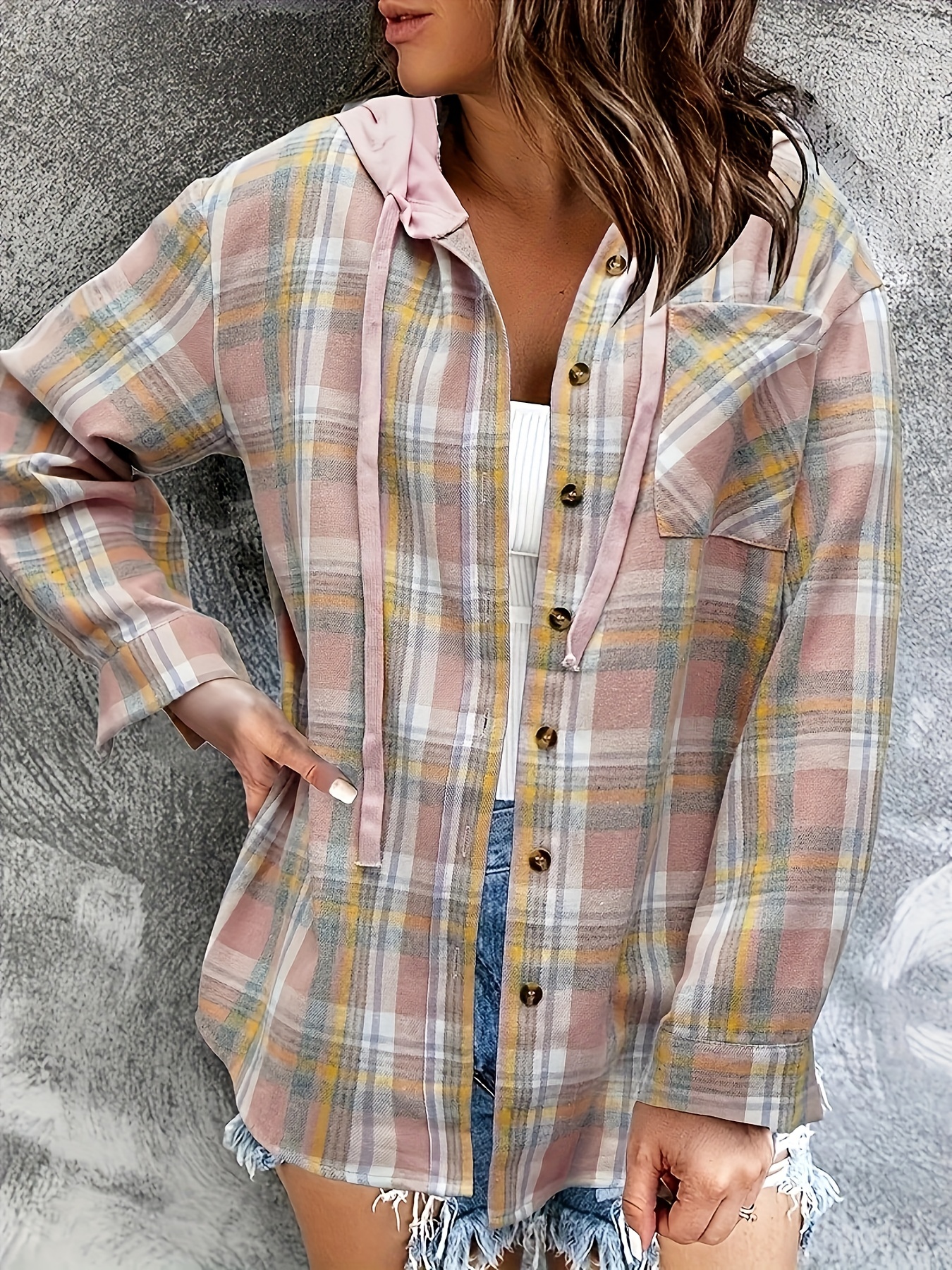 hooded plaid print blouse casual button front drawstring long sleeve blouse womens clothing details 0