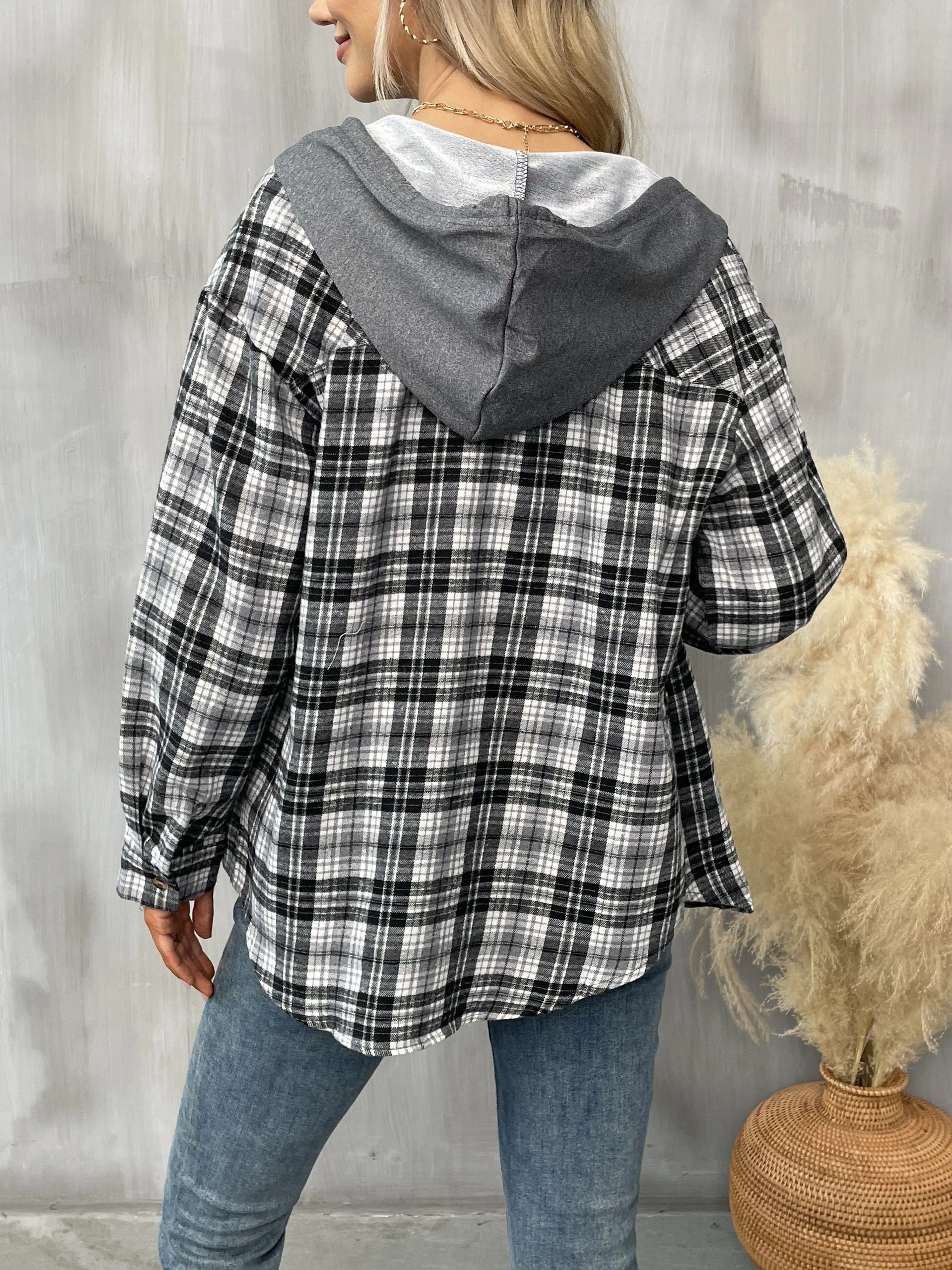 hooded plaid print blouse casual button front drawstring long sleeve blouse womens clothing details 23