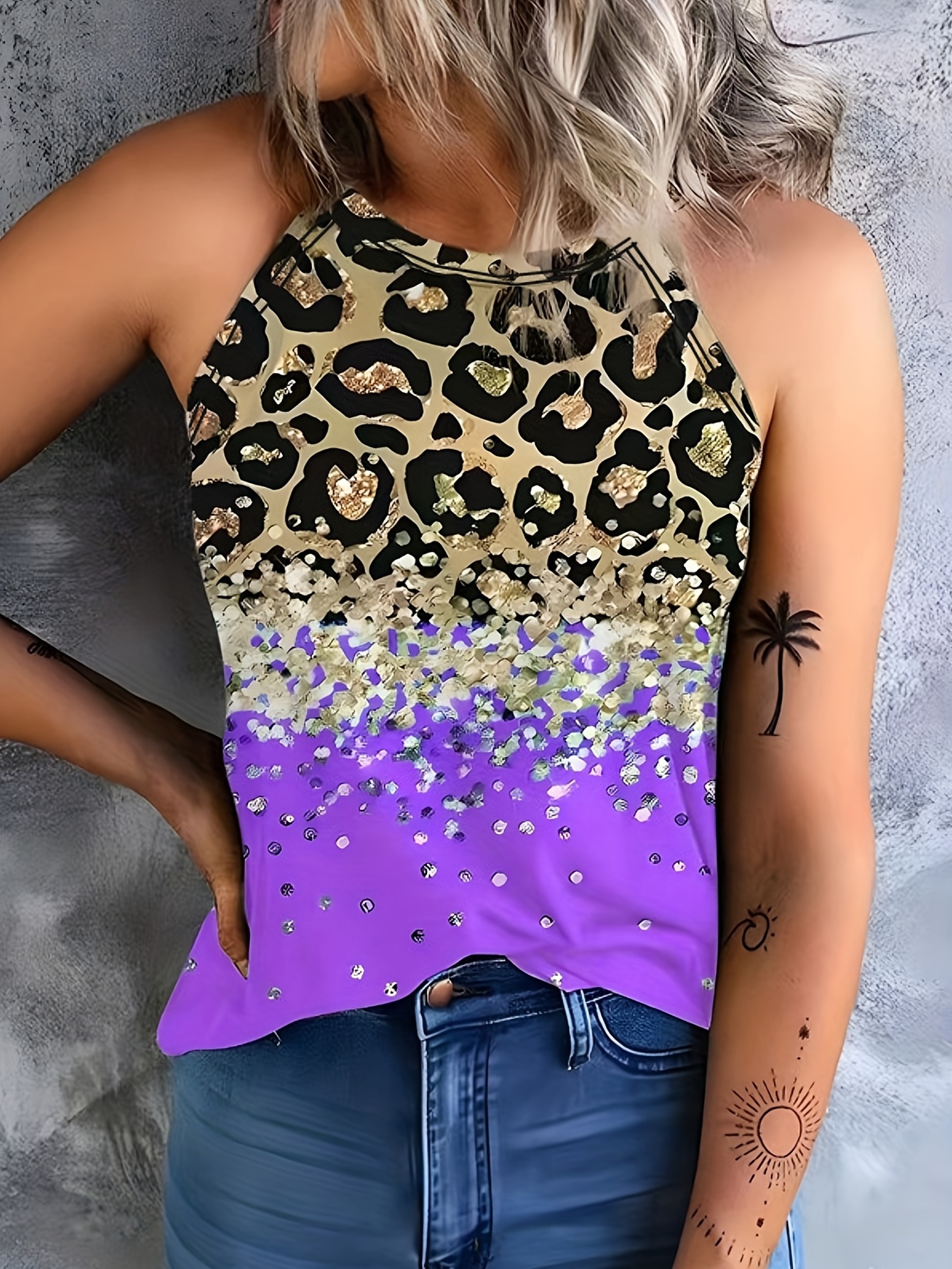 leopard print halter tank top casual sleeveless tank top for summer womens clothing details 0