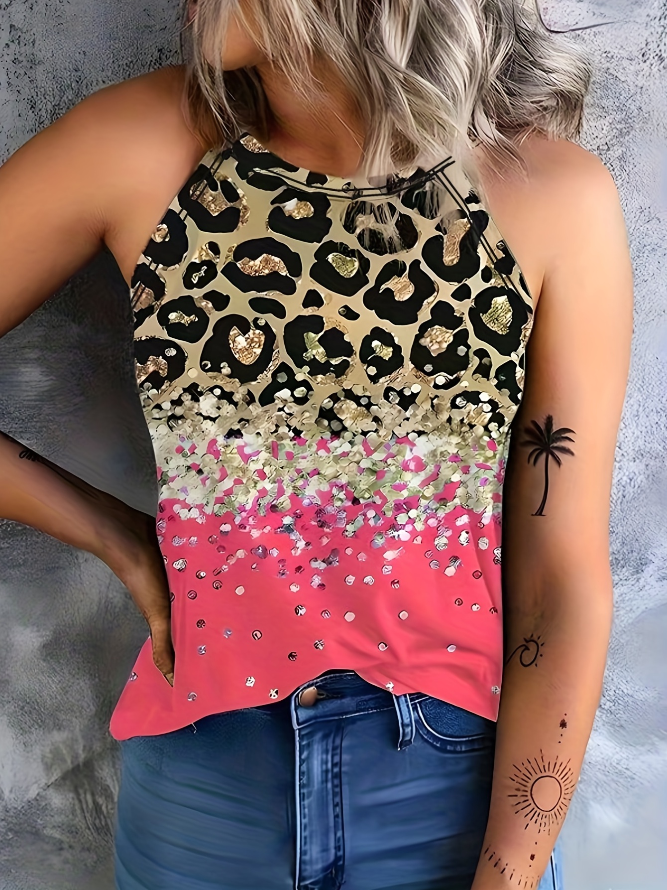 leopard print halter tank top casual sleeveless tank top for summer womens clothing details 19