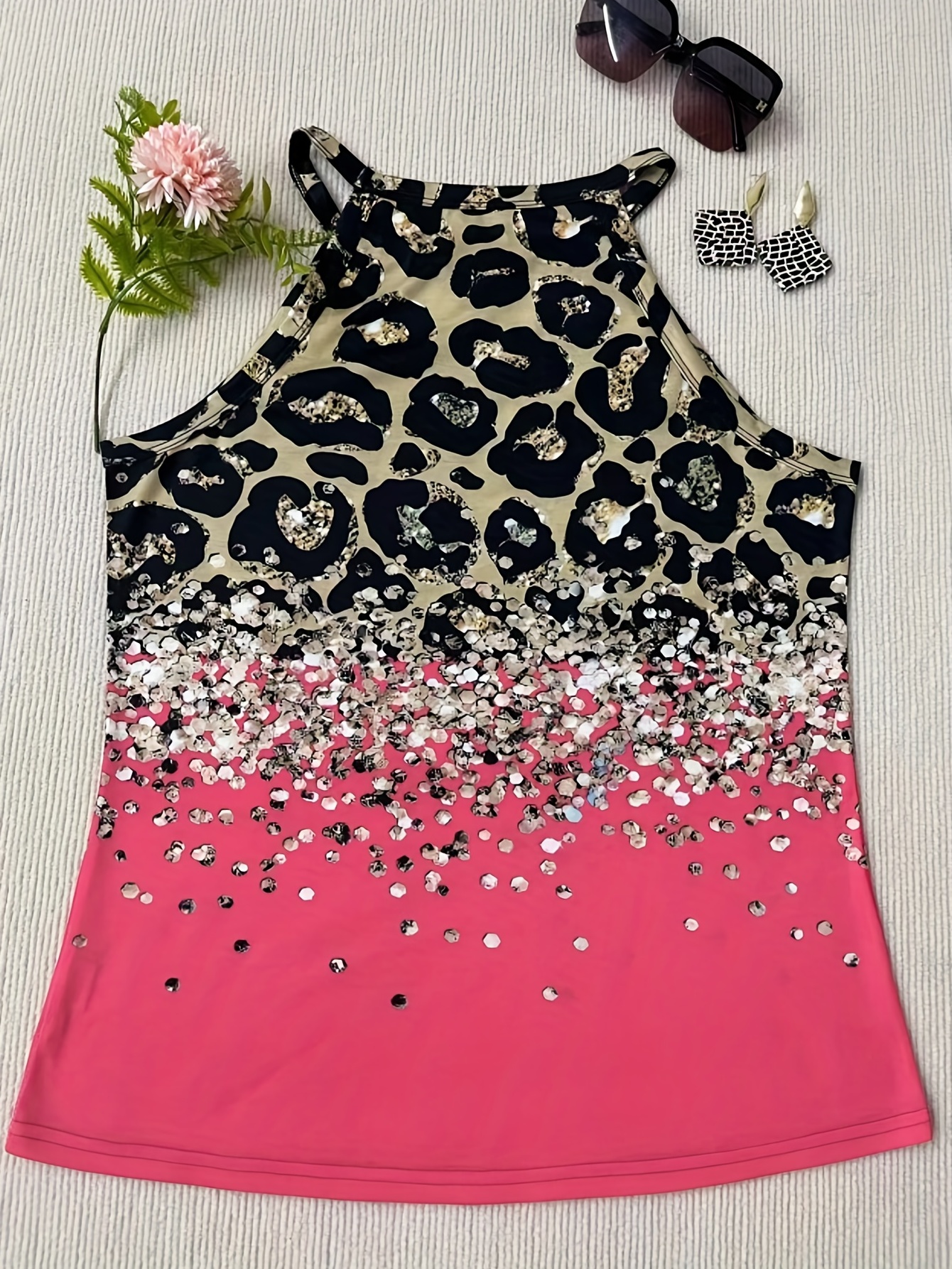 leopard print halter tank top casual sleeveless tank top for summer womens clothing details 21