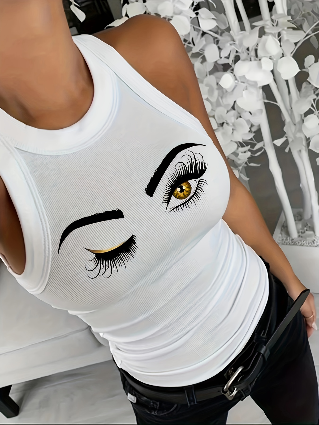 eye print ribbed tank top casual sleeveless top for summer womens clothing details 1