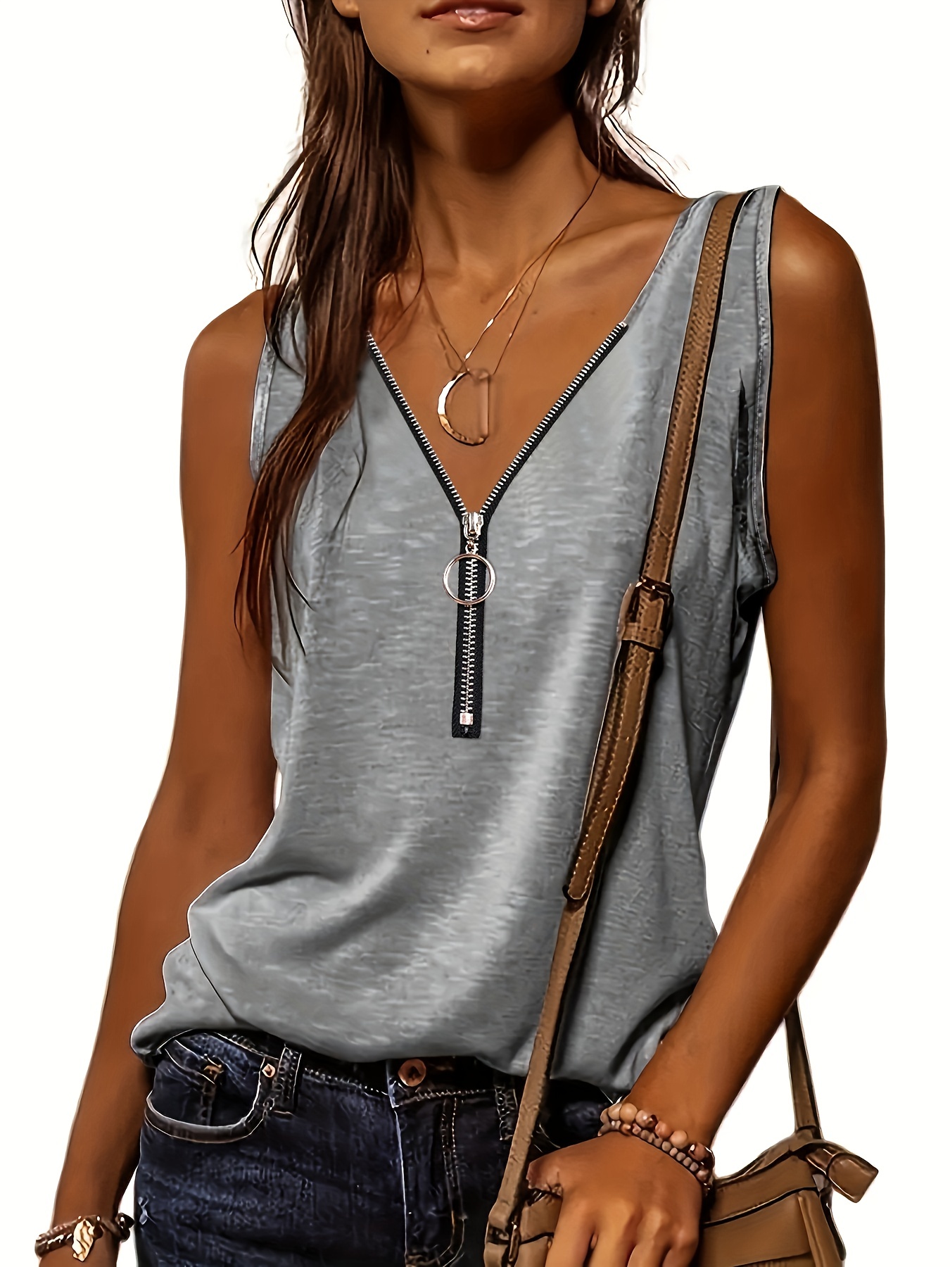 half zip solid tank top casual sleeveless summer tank top womens clothing details 27