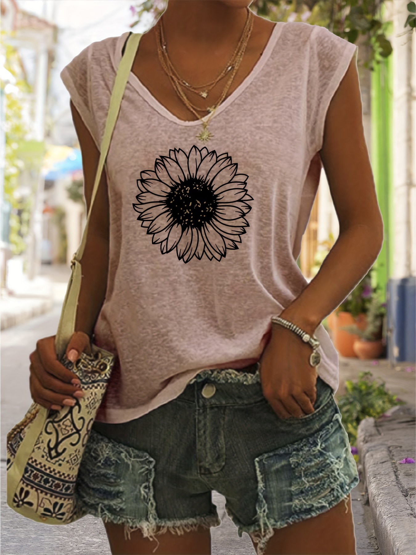 sunflower print v neck tank top casual sleeveless tank top for summer womens clothing details 16