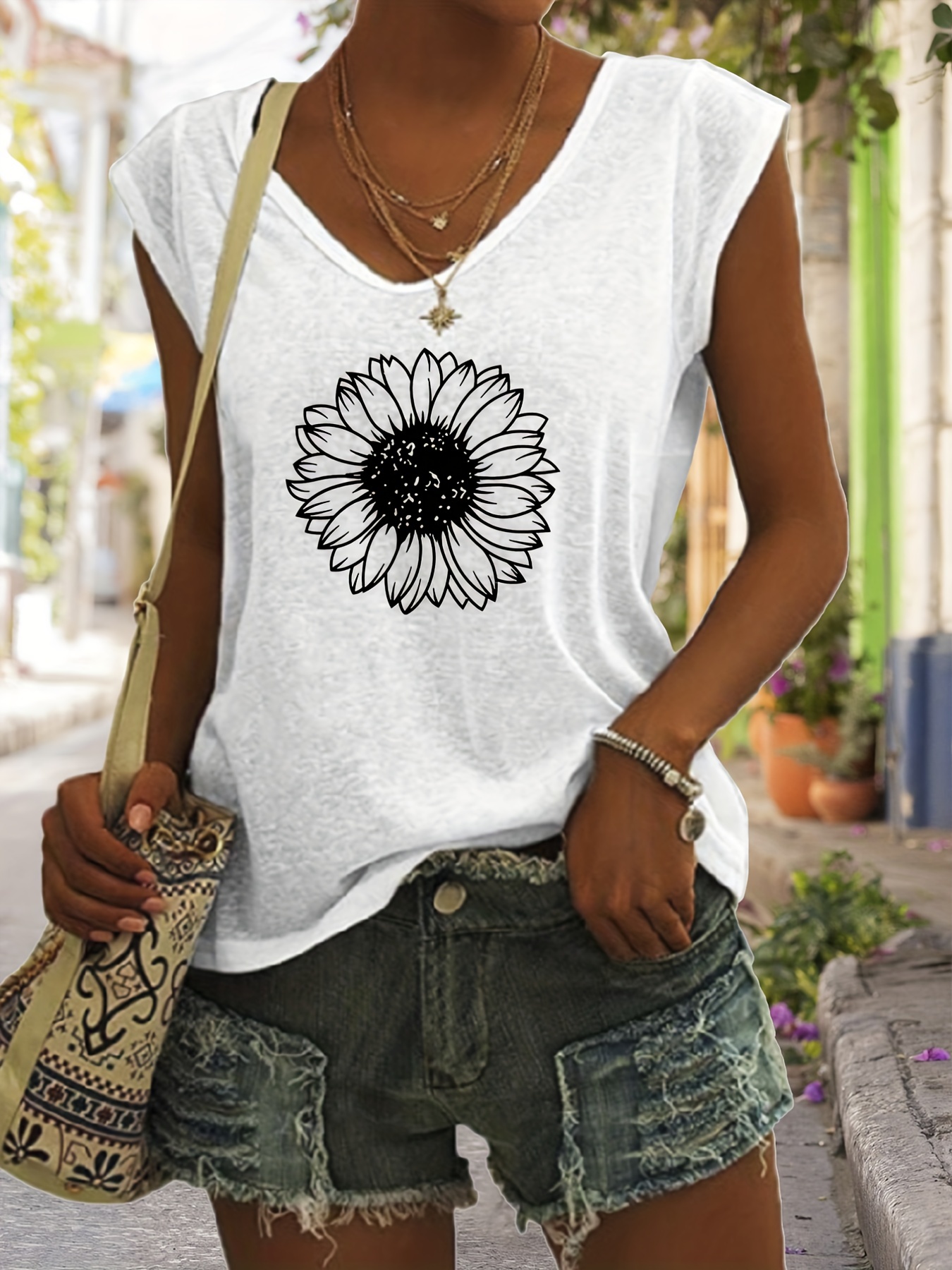 sunflower print v neck tank top casual sleeveless tank top for summer womens clothing details 20