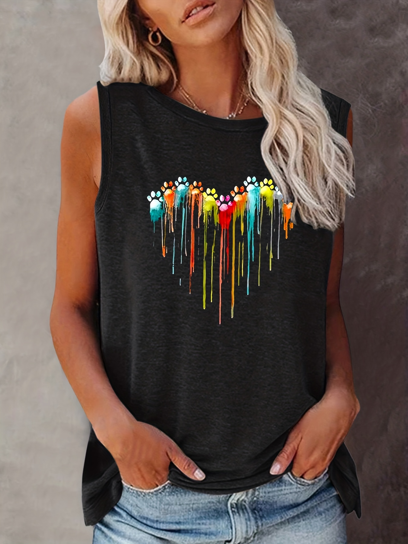 colorful paw print crew neck tank top casual sleeveless top for summer womens clothing details 0