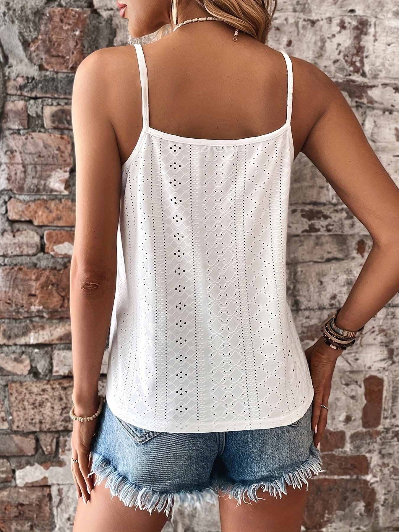 eyelet contrast lace cami top casual v neck spaghetti strap top for summer womens clothing details 42