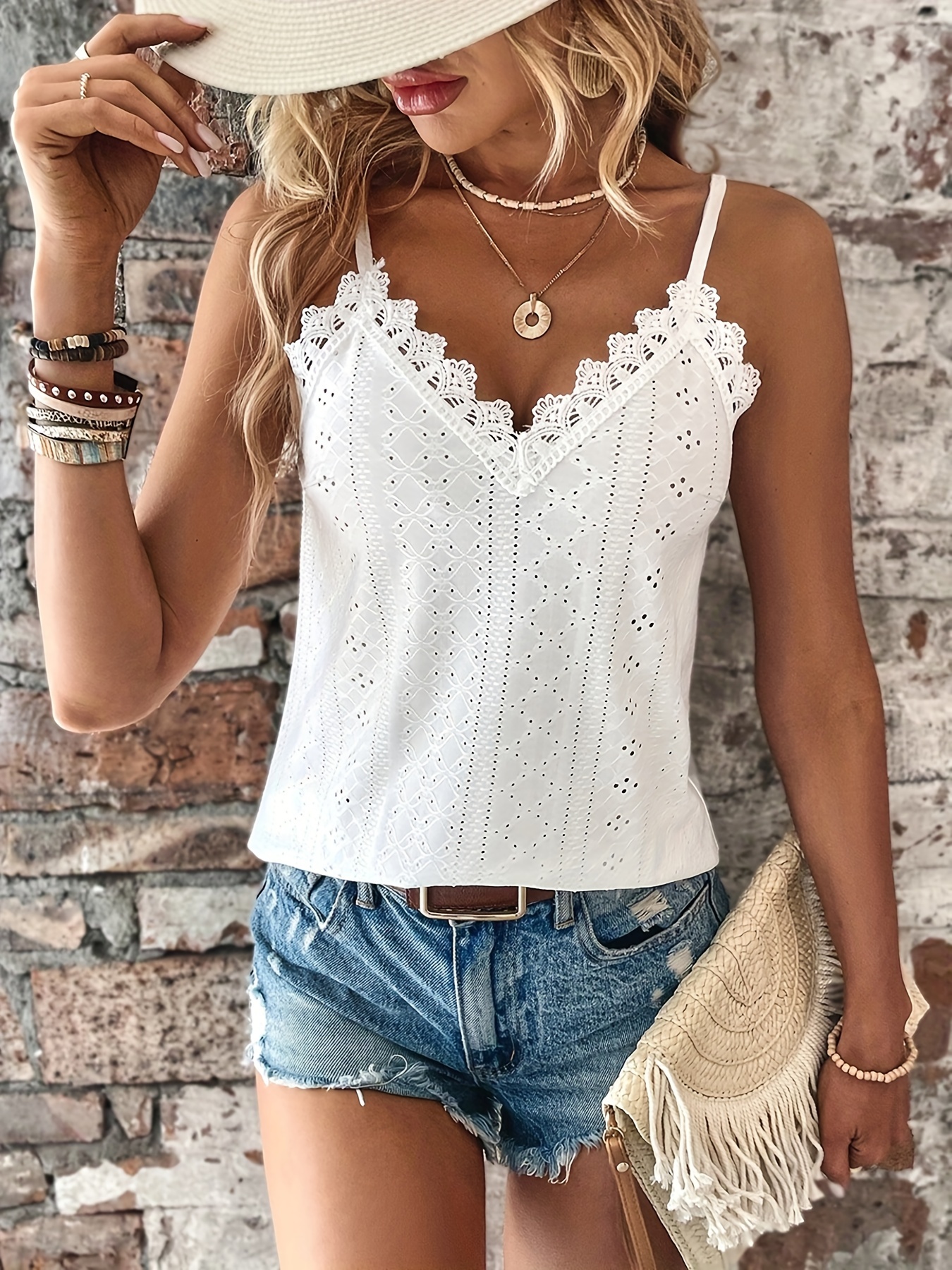 eyelet contrast lace cami top casual v neck spaghetti strap top for summer womens clothing details 46