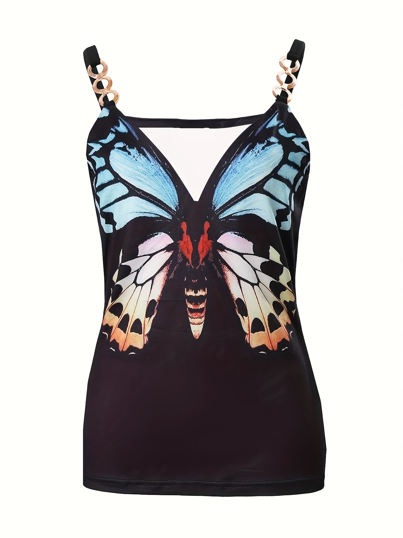 butterfly print chain linked strap cami top casual v neck sleeveless cami top for summer womens clothing details 3