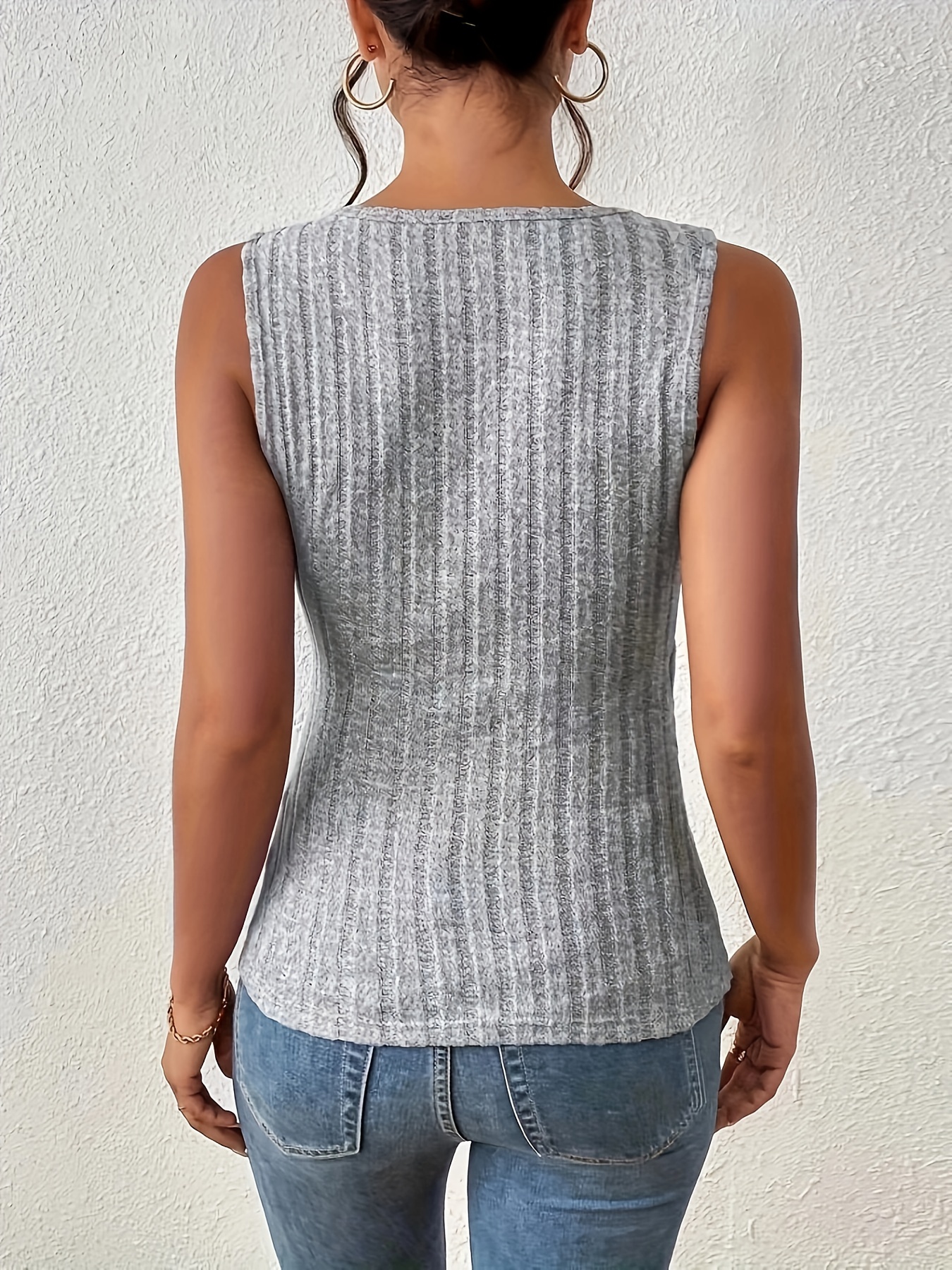 solid v neck button decor tank top casual sleeveless tank top for summer womens clothing details 0