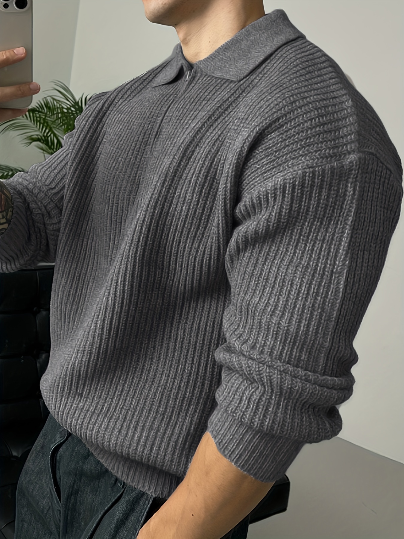 retro knitted cable sweater mens casual warm slightly stretch lapelpullover sweater for men fall winter details 3