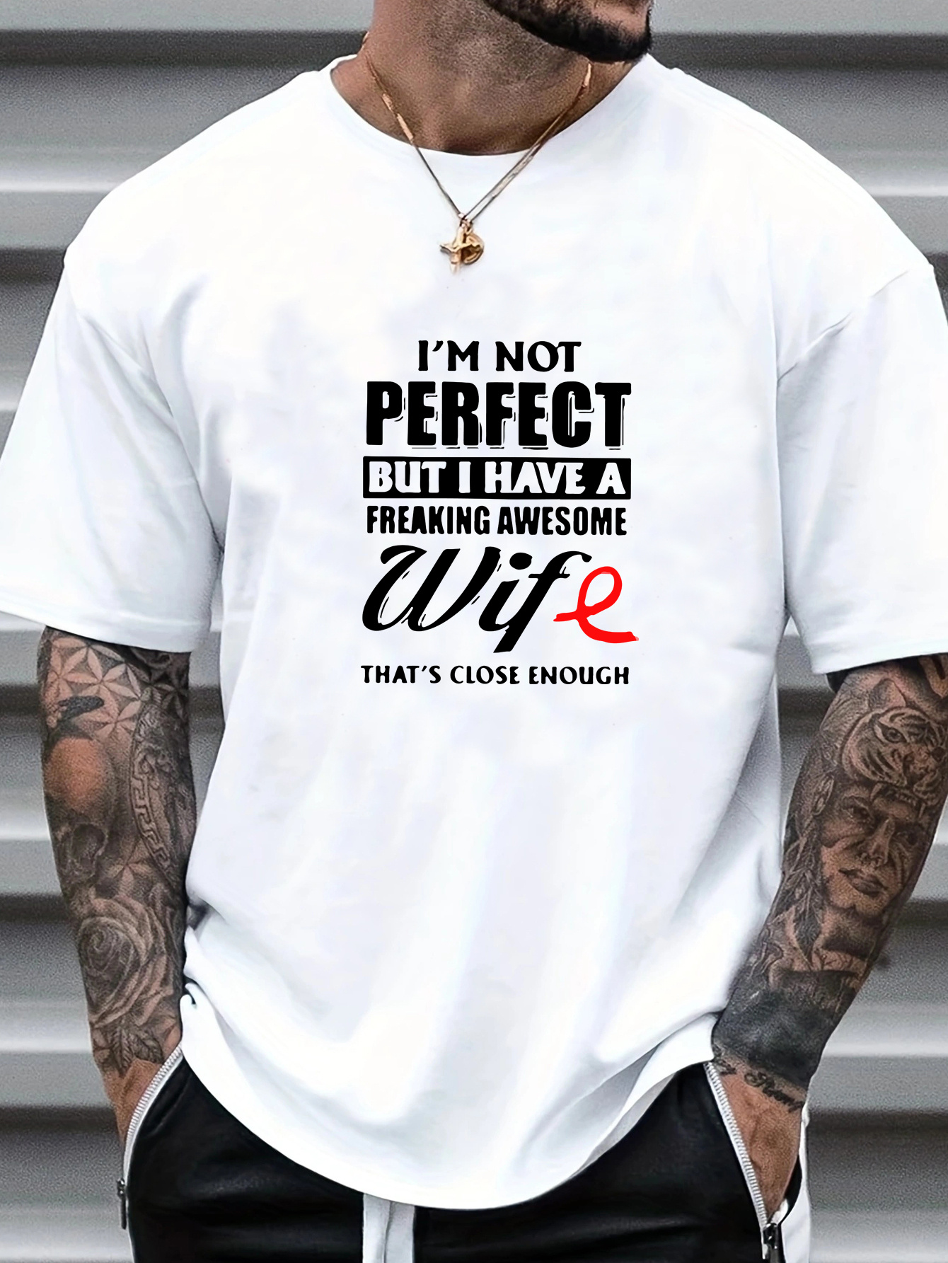 im not perfect but my wife is awesome print mens graphic design crew neck t shirt casual comfy tees tshirts for summer mens clothing tops for daily vacation resorts as gifts for husband boyfriend details 3