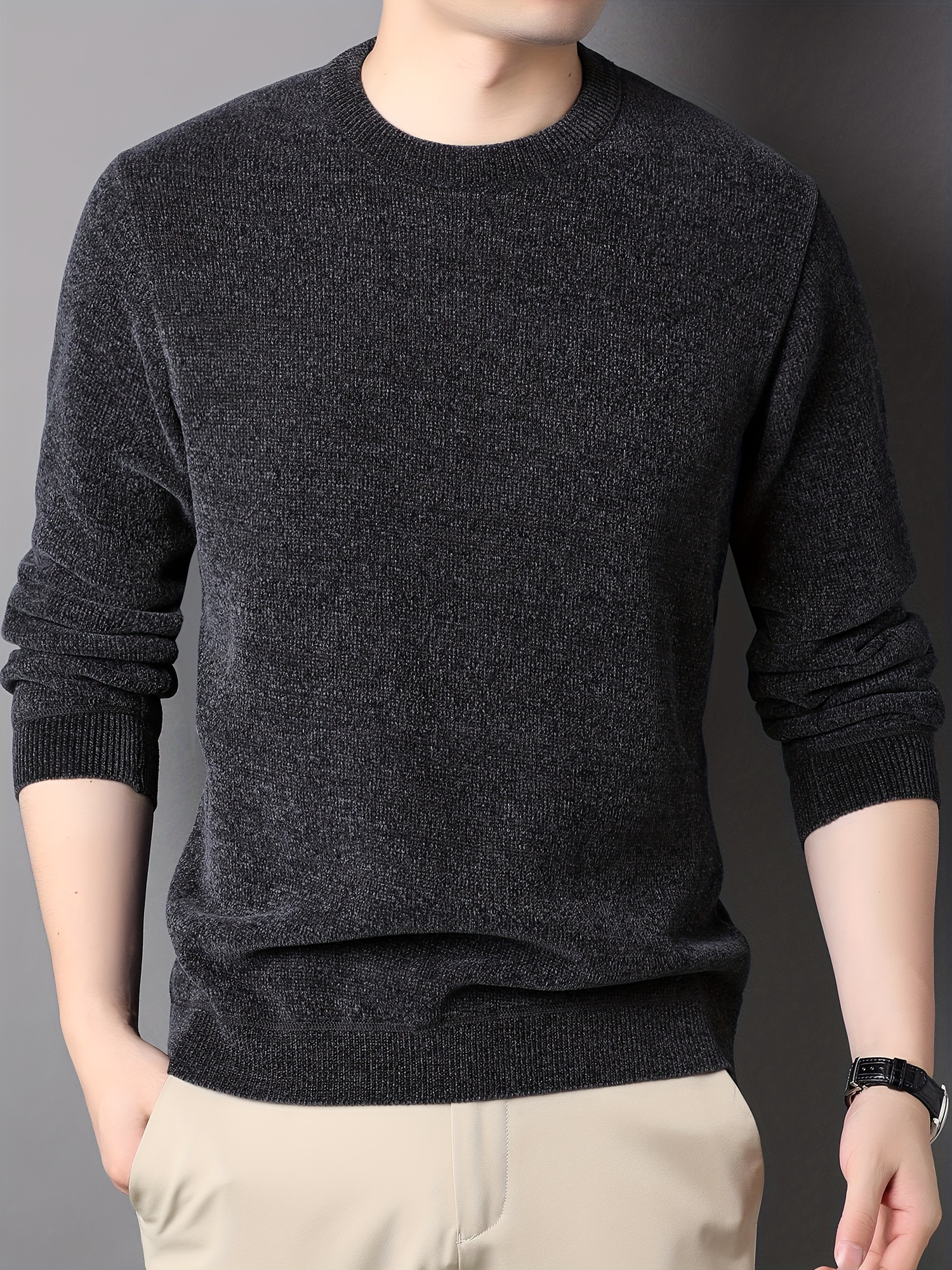 mens stylish solid knitted pullover casual high stretch breathable long sleeve crew neck top for city walk street hanging outdoor activities details 0