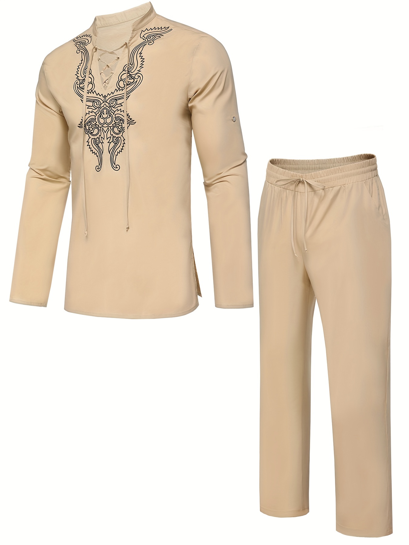 cotton boho style pattern embroidery mens 2 pieces outfits long sleeve lace up shirt and drawstring solid trousers set details 32