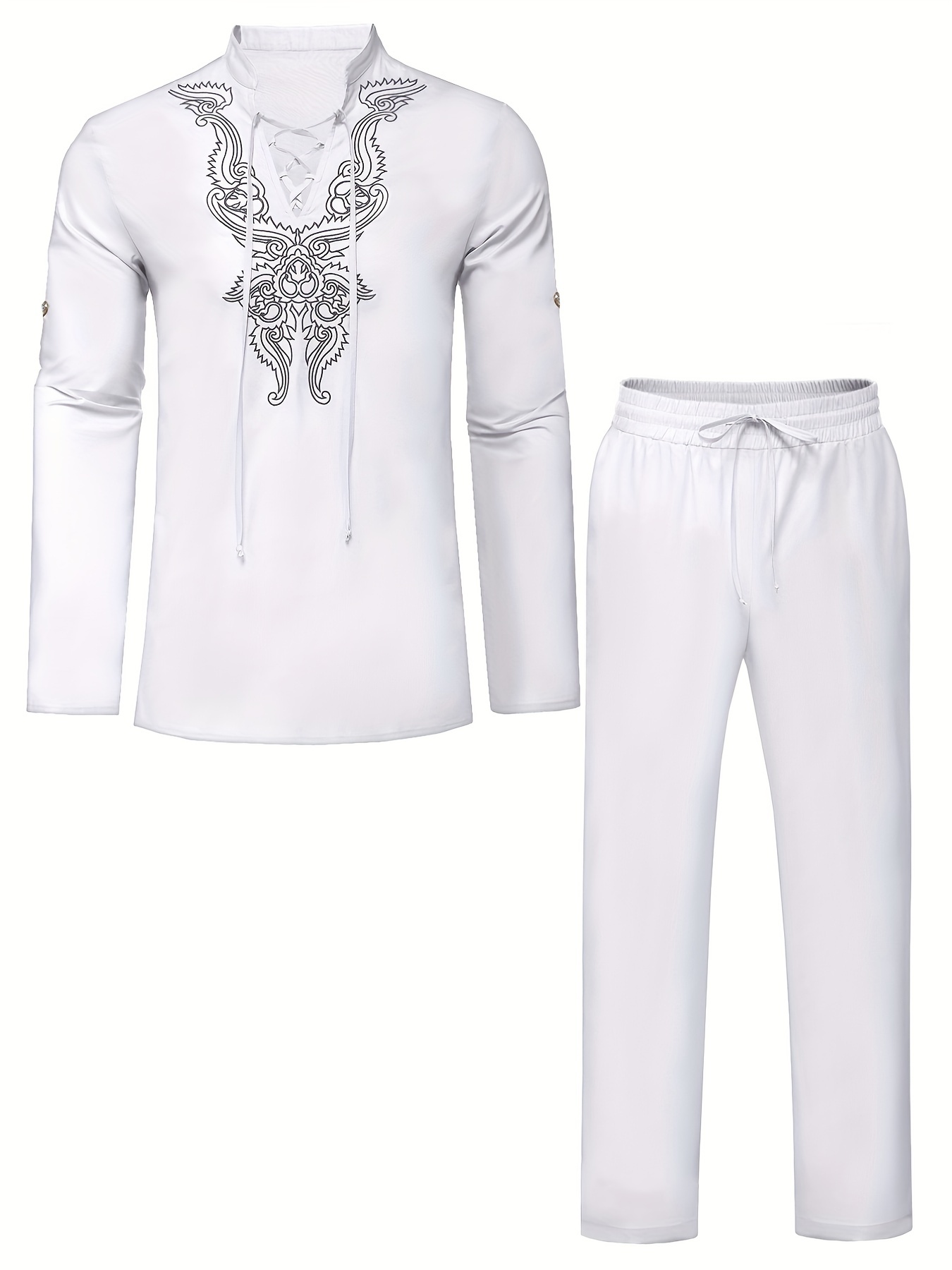 cotton boho style pattern embroidery mens 2 pieces outfits long sleeve lace up shirt and drawstring solid trousers set details 35