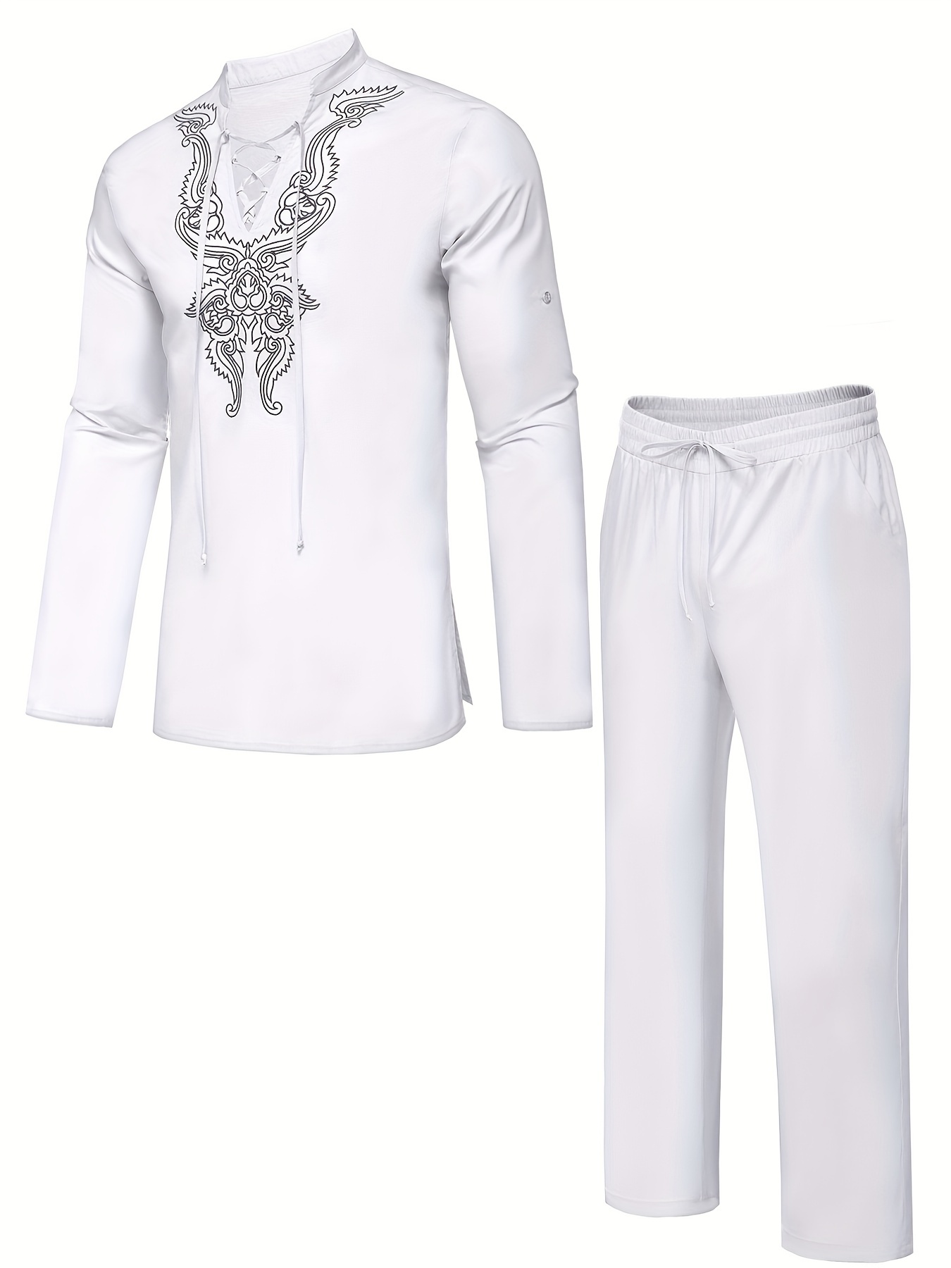 cotton boho style pattern embroidery mens 2 pieces outfits long sleeve lace up shirt and drawstring solid trousers set details 38