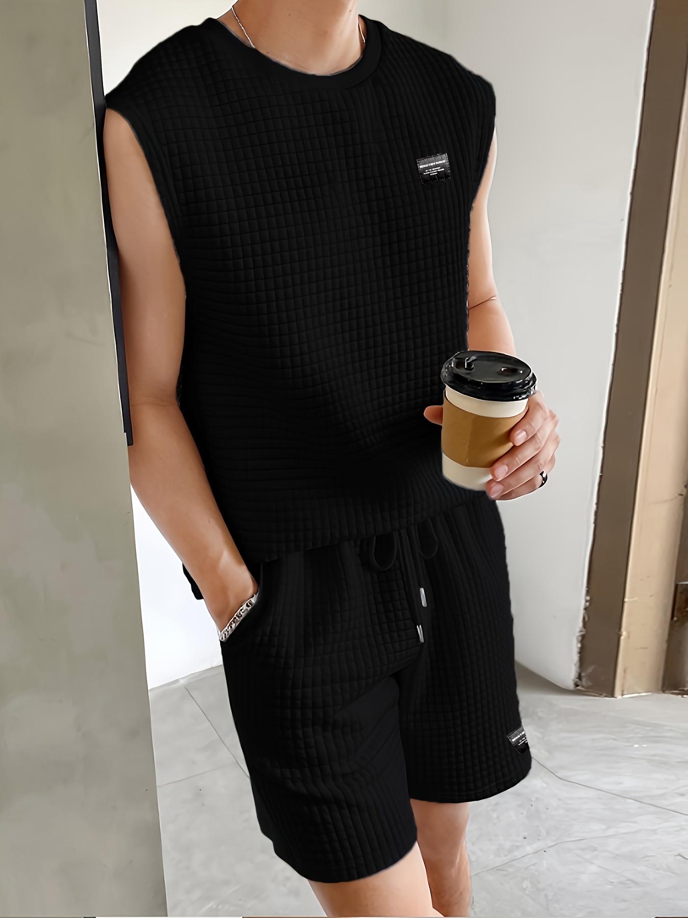 mens 2 piece outfits waffle pattern casual graphic tanktop and loose drawstring shorts set mens clothing details 8