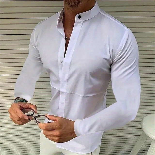 trendy mens casual solid long sleeve shirt with mandarin collar design mens shirt for summer tops for men gift for men details 0