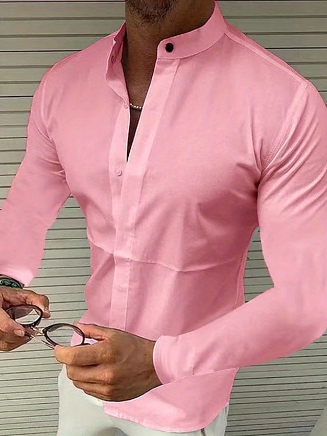 trendy mens casual solid long sleeve shirt with mandarin collar design mens shirt for summer tops for men gift for men details 1